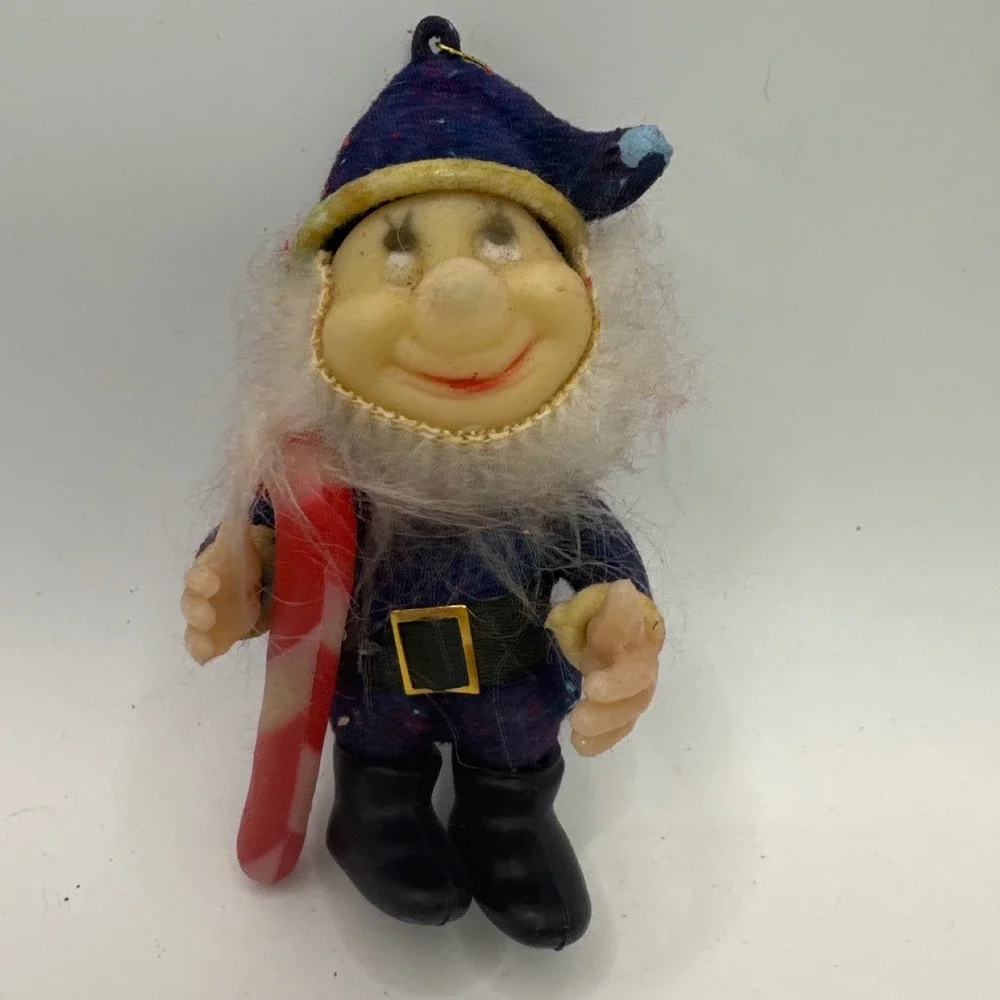 Vintage Christmas Elf Ornament Blue Felt Candy Cane Hong Kong Mid Century 4 Inch